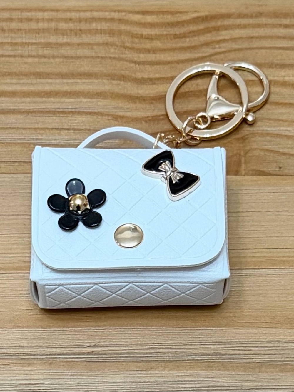 White Quilted Mini Purse Keychain with Black Flower & Bow